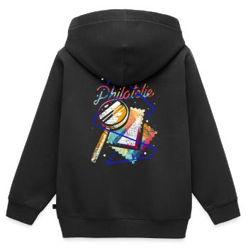 Philatélie cadeau polygone - Sweat Premium à capuche zippé enfant bio - noir - Dos - AI Model Kid Male (0cm)