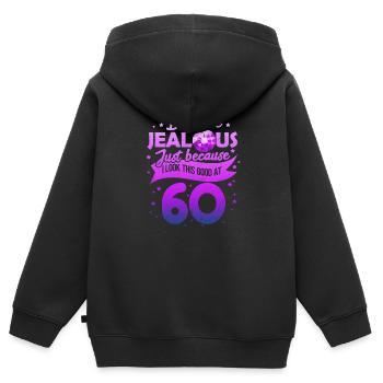 60e anniversaire - Sweat Premium à capuche zippé enfant bio - noir - Dos - AI Model Kid Male (0cm)