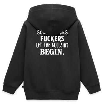 Bonsoir du matin, laissez la connerie commencer drôle - Sweat Premium à capuche zippé enfant bio - noir - Dos - AI Model Kid Male (0cm)