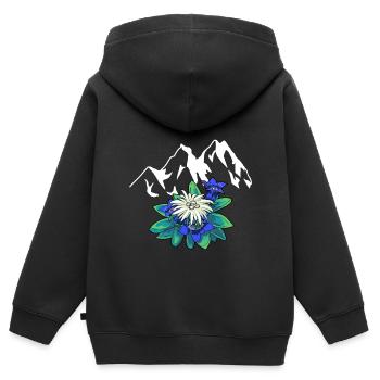 Gebirge Berge Tirol Edelweiss Enzian Natur Wandern - Kinder Premium Organic Zip Hoodie - Schwarz - Hinten - AI Model Kid Male (0cm)