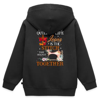Dans la courtepointe de la vie, Jésus est le point - Sweat Premium à capuche zippé enfant bio - noir - Dos - AI Model Kid Male (0cm)