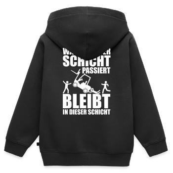 Was in dieser Schicht passiert bleibt hier Arbeit - Kinder Premium Organic Zip Hoodie - Schwarz - Hinten - AI Model Kid Male (0cm)