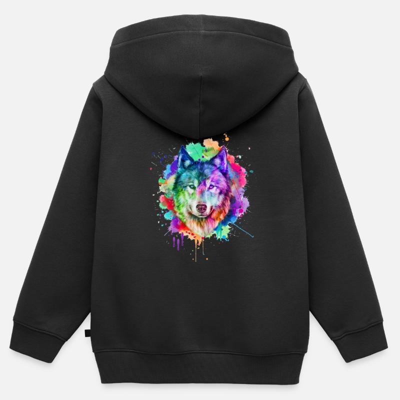 Cadeau de loup aquarelle - Sweat Premium à capuche zippé enfant bio - noir