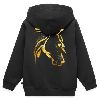 Équitation - Cavalier - Tête de cheval - Cheval d’or - Sweat Premium à capuche zippé enfant bio - noir - Dos - AI Model Kid Male (0cm)