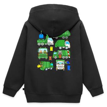 Camions de ramassage des ordures vertes - Sweat Premium à capuche zippé enfant bio - noir - Dos - AI Model Kid Male (0cm)