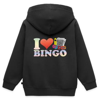 Bingo Bingo Joueur de société Bingo Lotto - Sweat Premium à capuche zippé enfant bio - noir - Dos - AI Model Kid Male (0cm)