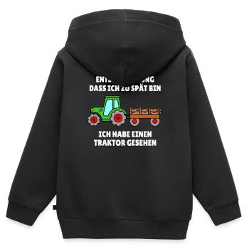 KINDER - Entschuldigung zu spät TRAKTOR gesehen - Kinder Premium Organic Zip Hoodie - Schwarz - Hinten - AI Model Kid Male (0cm)