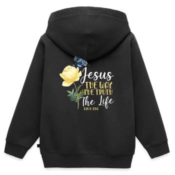 Christian Bible Verse Quote - Kinder Premium Organic Zip Hoodie - Schwarz - Hinten - AI Model Kid Male (0cm)