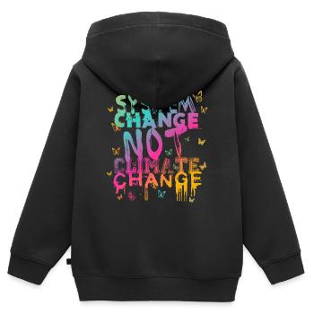 Changement de système - pas changement climatique - Sweat Premium à capuche zippé enfant bio - noir - Dos - AI Model Kid Male (0cm)