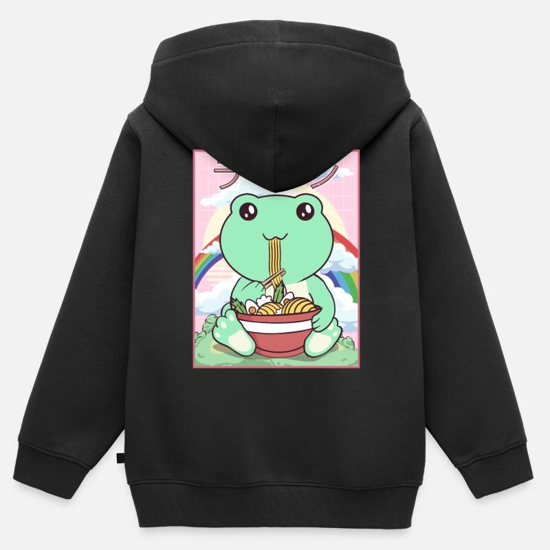 Cottagecore Esthétique Kawaii Frog Ramen Gesche - Sweat Premium à capuche zippé enfant bio - noir