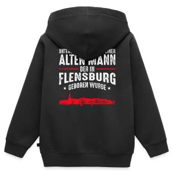 Flensburg Stadt Skyline | Alter Mann Flensburger - Kinder Premium Organic Zip Hoodie - Schwarz - Hinten - AI Model Kid Male (0cm)