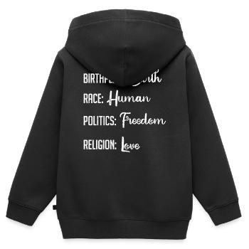 Geburtsort Erde, Rasse Menschliche Politikreligion - Kinder Premium Organic Zip Hoodie - Schwarz - Hinten - AI Model Kid Male (0cm)
