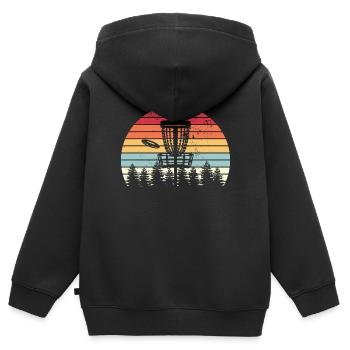Disc Golf Retro Distressed Trees Coucher de soleil - Sweat Premium à capuche zippé enfant bio - noir - Dos - AI Model Kid Male (0cm)