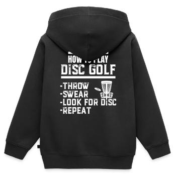 Comment lire Disc Golf Throw Sear chercher un disque - Sweat Premium à capuche zippé enfant bio - noir - Dos - AI Model Kid Male (0cm)