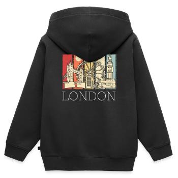 Cabine téléphonique London Skyline Big Ben Double-Decker - Sweat Premium à capuche zippé enfant bio - noir - Dos - AI Model Kid Male (0cm)