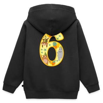 Cadeau de 6ème anniversaire Numéro six ans d’animaux de zoo - Sweat Premium à capuche zippé enfant bio - noir - Dos - AI Model Kid Male (0cm)