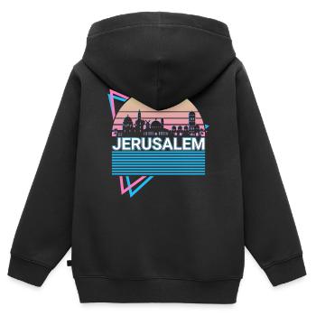 Jerusalem City Skyline Cityscape Rétro - Sweat Premium à capuche zippé enfant bio - noir - Dos - AI Model Kid Male (0cm)