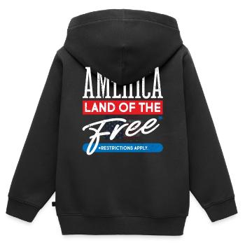 Amerika, Land Der Freien, Beschränkungen Gelten - Kinder Premium Organic Zip Hoodie - Schwarz - Hinten - AI Model Kid Male (0cm)