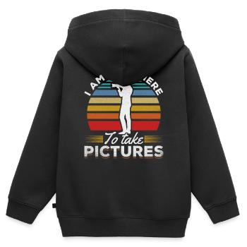 Photographie Je ne suis là que pour prendre des photos - Sweat Premium à capuche zippé enfant bio - noir - Dos - AI Model Kid Male (0cm)