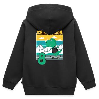 Dino Motif d’anniversaire 8 ans Idée cadeau garçon - Sweat Premium à capuche zippé enfant bio - noir - Dos - AI Model Kid Male (0cm)