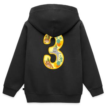3ème cadeau d’anniversaire numéro trois ans animaux de zoo - Sweat Premium à capuche zippé enfant bio - noir - Dos - AI Model Kid Male (0cm)