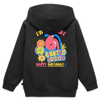 Anniversaire enfant-enfants 6 ans, fête d’anniversaire des enfants - Sweat Premium à capuche zippé enfant bio - noir - Dos - AI Model Kid Male (0cm)