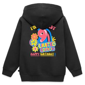Anniversaire enfant-enfants 9 ans, anniversaire des enfants - Sweat Premium à capuche zippé enfant bio - noir - Dos - AI Model Kid Male (0cm)