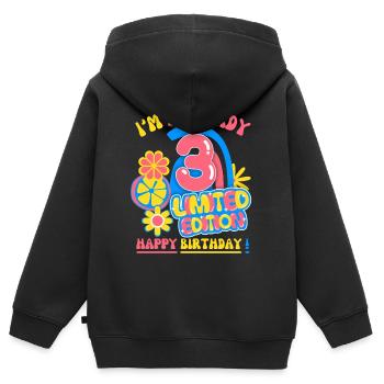 Anniversaire enfant-enfants 3 ans, anniversaire des enfants - Sweat Premium à capuche zippé enfant bio - noir - Dos - AI Model Kid Male (0cm)