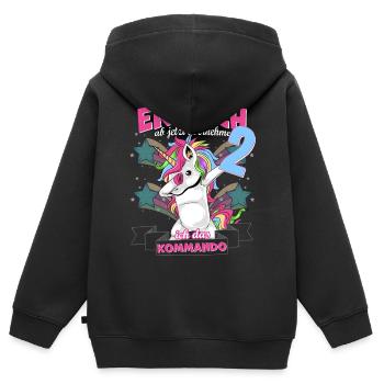 Kinderkleidung, Einhorn zum 2. Geburtstag 2 Jahre - Kinder Premium Organic Zip Hoodie - Schwarz - Hinten - AI Model Kid Male (0cm)