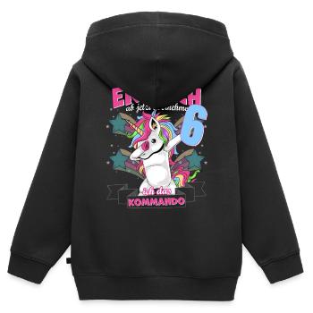 Kinderkleidung, Einhorn zum 6. Geburtstag, 6 Jahre - Kinder Premium Organic Zip Hoodie - Schwarz - Hinten - AI Model Kid Male (0cm)