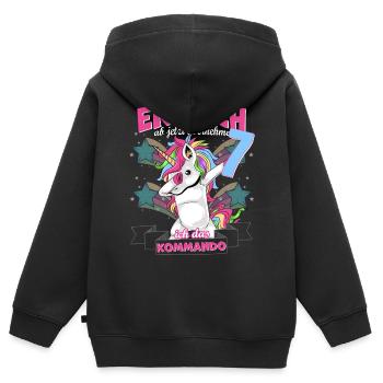 Kinderkleidung, Einhorn zum 7. Geburtstag, 7 Jahre - Kinder Premium Organic Zip Hoodie - Schwarz - Hinten - AI Model Kid Male (0cm)