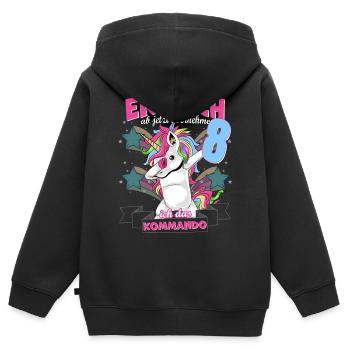 Kinderkleidung, Einhorn zum 8. Geburtstag, 8 Jahre - Kinder Premium Organic Zip Hoodie - Schwarz - Hinten - AI Model Kid Male (0cm)
