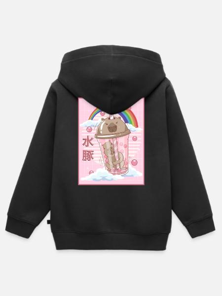 Funny Boba Tea Capybara Japanese Kawaii - Kids Premium Organic Zip-up Hoodie - black