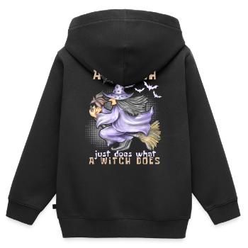 Sorcière, sorcière sur balai, Halloween, dicton drôle - Sweat Premium à capuche zippé enfant bio - noir - Dos - AI Model Kid Male (0cm)