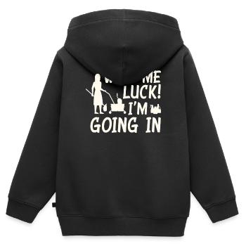 Drôle de nettoyage de concierge d’école - Sweat Premium à capuche zippé enfant bio - noir - Dos - AI Model Kid Male (0cm)