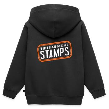 They had me at Stamps Philatelist Stamp - Kids Premium Organic Zip-up Hoodie - black - Back - AI Model Kid Male (0cm)