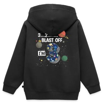 Blast Off J’ai 3 ans, 3ème anniversaire - Sweat Premium à capuche zippé enfant bio - noir - Dos - AI Model Kid Male (0cm)
