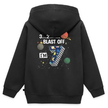 Blast Off J’ai 7 ans, 7ème anniversaire - Sweat Premium à capuche zippé enfant bio - noir - Dos - AI Model Kid Male (0cm)