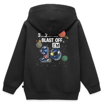 Blast Off J’ai 10 ans, 10e anniversaire - Sweat Premium à capuche zippé enfant bio - noir - Dos - AI Model Kid Male (0cm)
