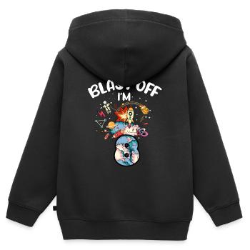 Blast Off J’ai 8 ans, 8ème anniversaire - Sweat Premium à capuche zippé enfant bio - noir - Dos - AI Model Kid Male (0cm)