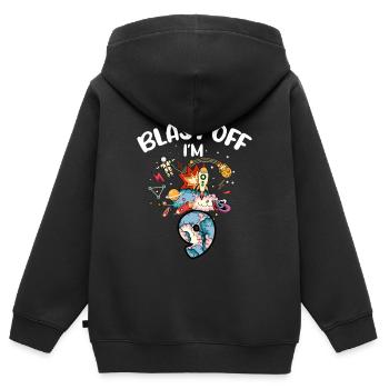 Blast Off J’ai 9 ans, 9ème anniversaire - Sweat Premium à capuche zippé enfant bio - noir - Dos - AI Model Kid Male (0cm)