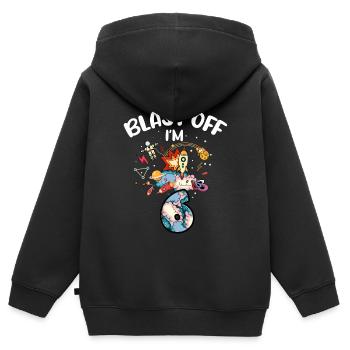 Blast Off J’ai 6 ans, 6ème anniversaire - Sweat Premium à capuche zippé enfant bio - noir - Dos - AI Model Kid Male (0cm)