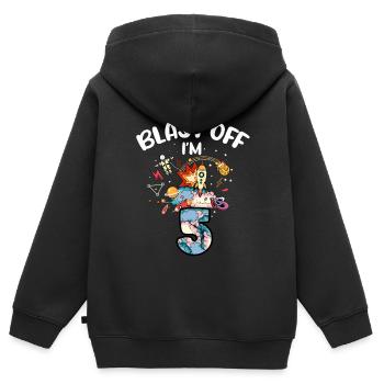 Blast Off J’ai 5 ans, 5ème anniversaire - Sweat Premium à capuche zippé enfant bio - noir - Dos - AI Model Kid Male (0cm)