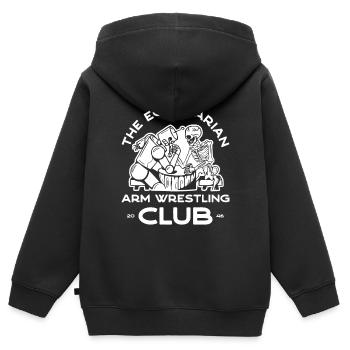 Armdrücken – 2 - Kinder Premium Organic Zip Hoodie - Schwarz - Hinten - AI Model Kid Male (0cm)