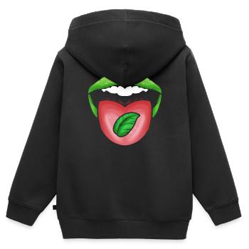 Lèvres vertes de la bouche avec feuille sur la langue, allez - Sweat Premium à capuche zippé enfant bio - noir - Dos - AI Model Kid Male (0cm)