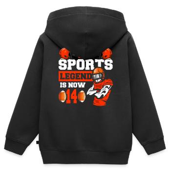Cette légende du sport a maintenant 14 ans, match de rugby 14. - Sweat Premium à capuche zippé enfant bio - noir - Dos - AI Model Kid Male (0cm)