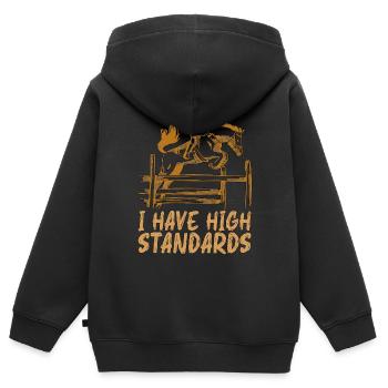 Saut d'obstacles J'ai des normes élevées Chevaux Animaux - Sweat Premium à capuche zippé enfant bio - noir - Dos - AI Model Kid Male (0cm)