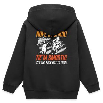Steer Wrestling Rope’m Quick Tie’m Smooth Rodeo - Sweat Premium à capuche zippé enfant bio - noir - Dos - AI Model Kid Male (0cm)