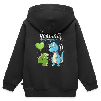 Dinosaure de 4e anniversaire, enfant dinosaure, 4 ans - Sweat Premium à capuche zippé enfant bio - noir - Dos - AI Model Kid Male (0cm)