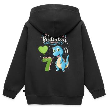 Dinosaure de 7e anniversaire, enfant dinosaure, 7 ans - Sweat Premium à capuche zippé enfant bio - noir - Dos - AI Model Kid Male (0cm)